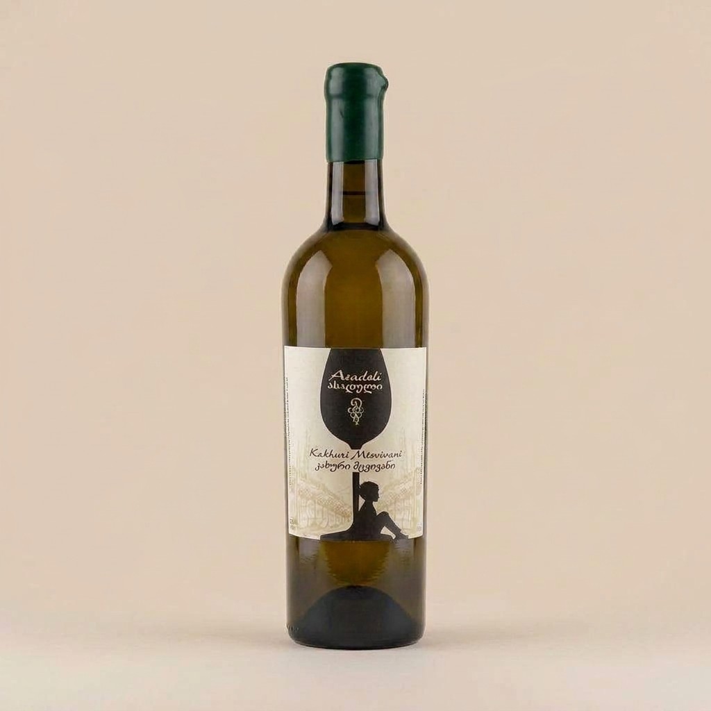 A green bottle of Asadeli Kakhuri Mtsvivani, hand-labelled